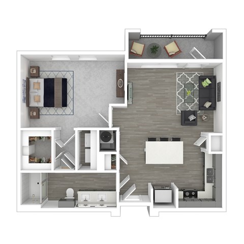A top-down view of a modern apartment layout with a kitchen, living room, and bathroom.